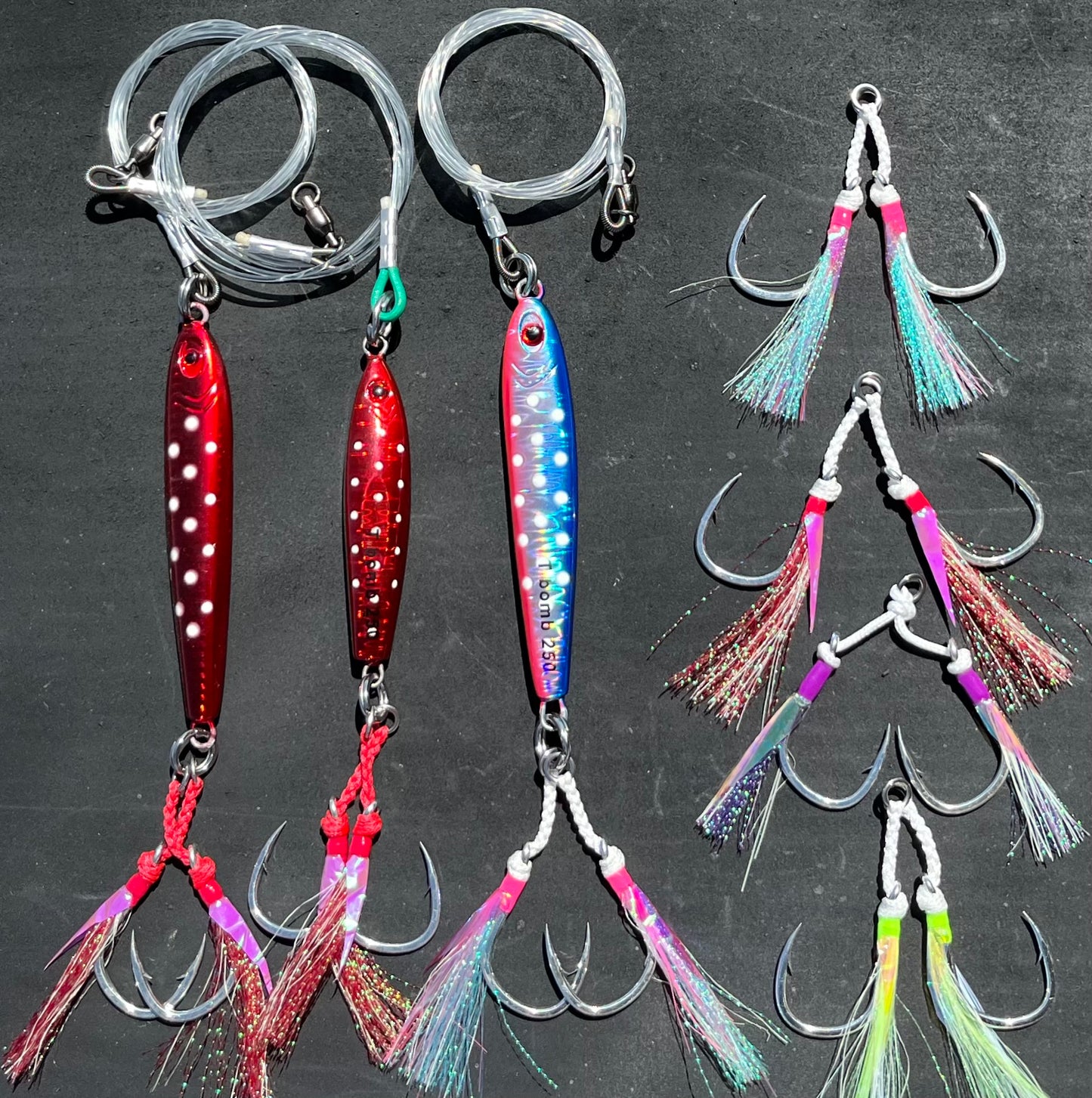 $200 Assorted Fully rigged ready to fish TUNGSTEN BOMB Selection. Great Bluefin Tuna Jigs (3) 250g