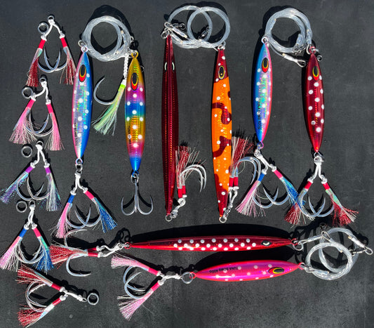 8 heavy  bluefin tuna jigs, fully rigged, ready to fish. (1) 600g (1) 520g (1) 500g (5) 400g